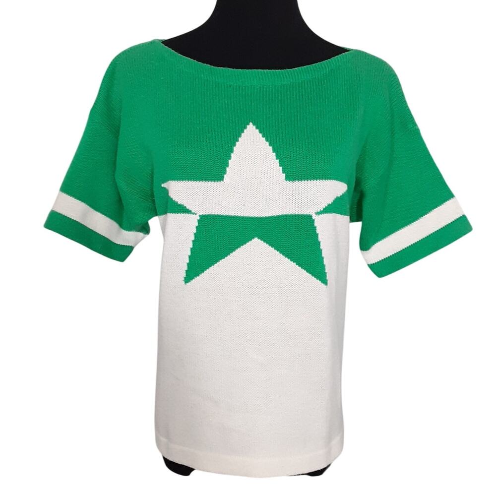 Vintage 80s Lime Green Sweater Retro Star Graphic Short Sleeve Womens M Preppy